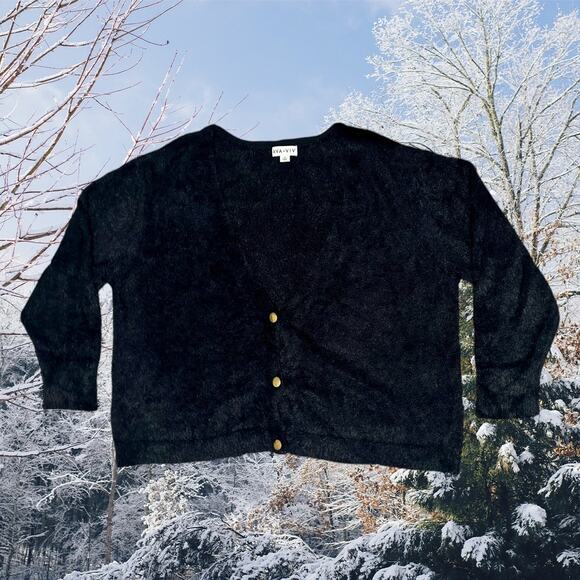 Ava & Viv Women's 3X Black 3 Gold Button Up V Neck Cropped Faux Fur Sweater - Picture 1 of 7